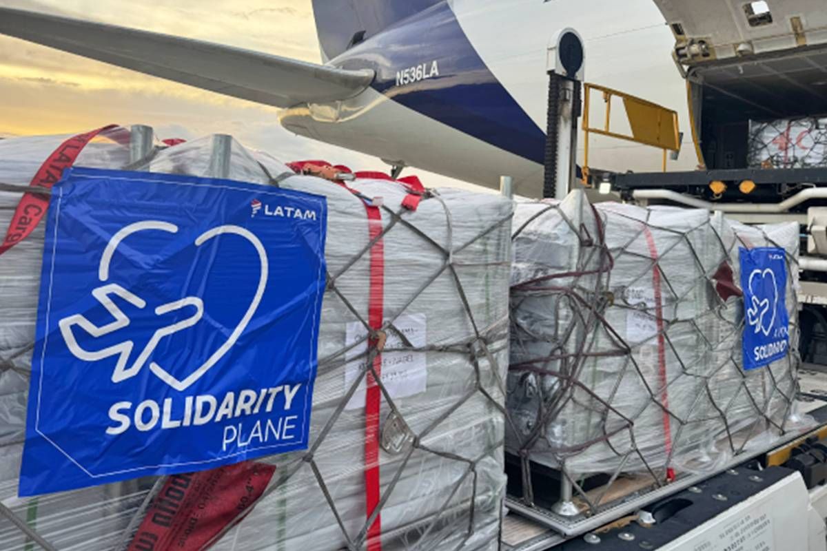 LATAM Cargo and flight crew standing in front of a Solidario-branded aircraft.