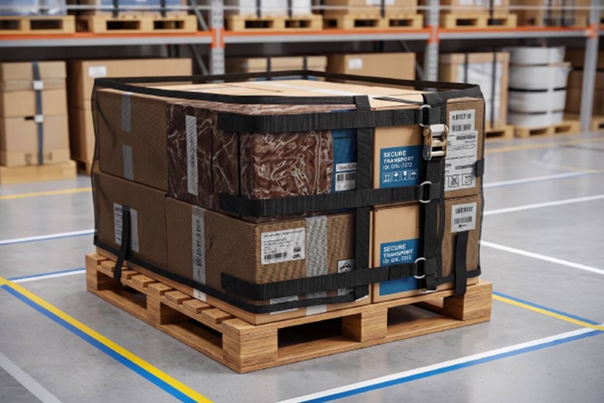 Funcionária da LATAM Cargo segurando uma caixa de papelão reciclável com o logo LATAM.